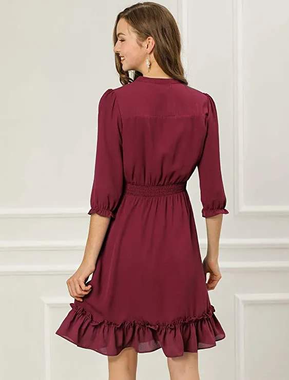 Beige Ruffle Dress, Hem 3/4 Sleeve Smocked A-Line Short Chiffon Dress - Allegra K