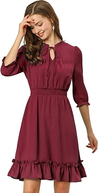 Beige Ruffle Dress, Hem 3/4 Sleeve Smocked A-Line Short Chiffon Dress - Allegra K