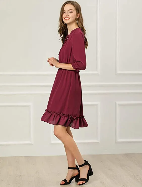 Beige Ruffle Dress, Hem 3/4 Sleeve Smocked A-Line Short Chiffon Dress - Allegra K