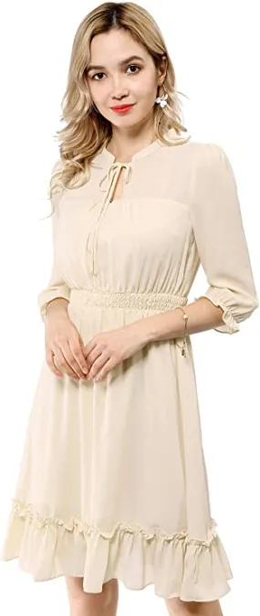 Beige Ruffle Dress, Hem 3/4 Sleeve Smocked A-Line Short Chiffon Dress - Allegra K