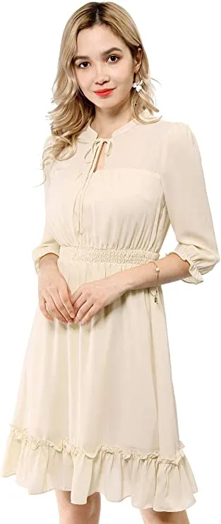 Beige Ruffle Dress, Hem 3/4 Sleeve Smocked A-Line Short Chiffon Dress - Allegra K