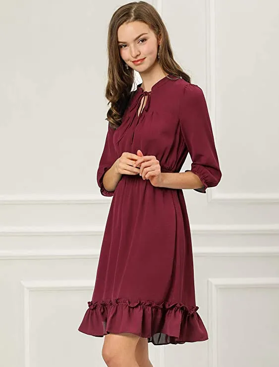 Beige Ruffle Dress, Hem 3/4 Sleeve Smocked A-Line Short Chiffon Dress - Allegra K