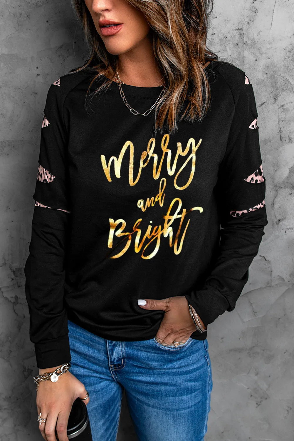 Black Leopard Ripped Sleeves Graphic Sweatshirt