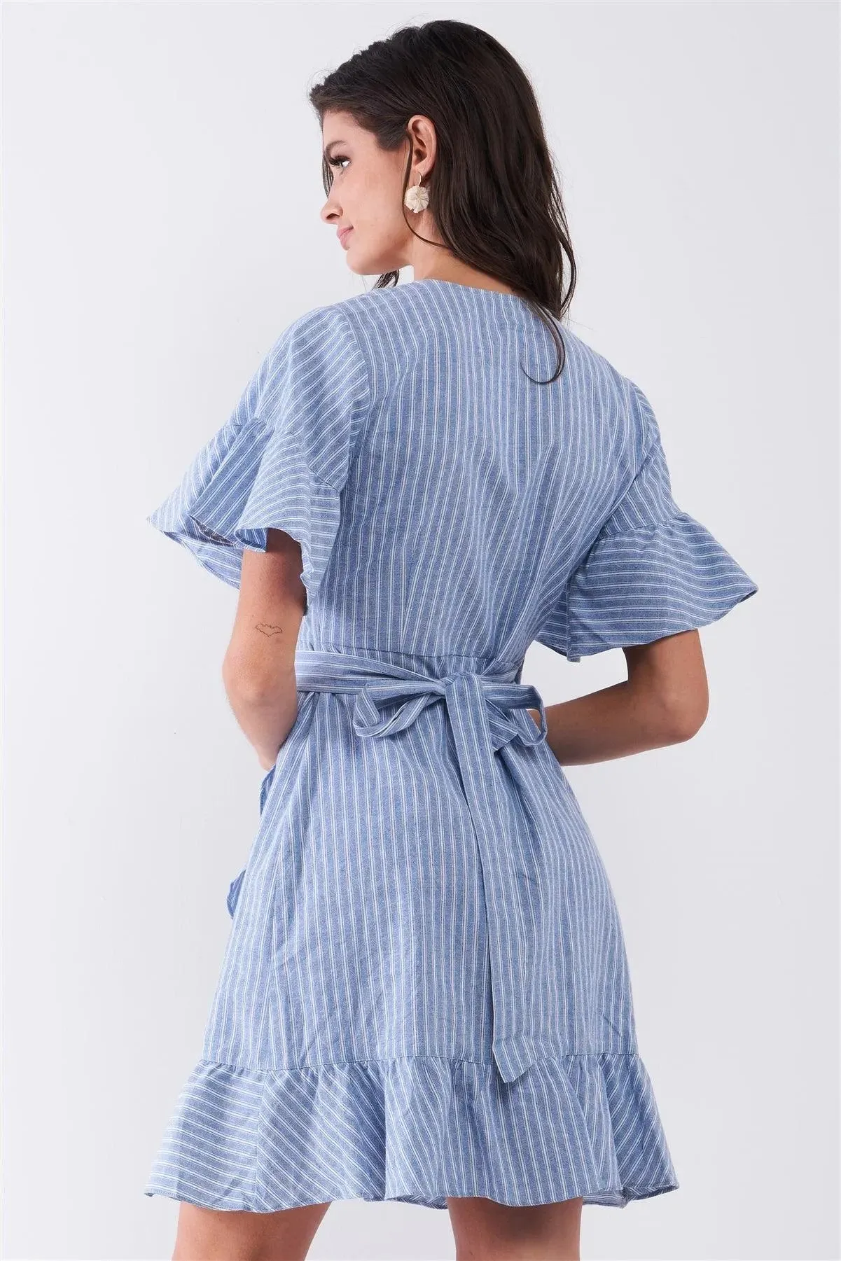 Blue & White Striped Deep Plunge V-Neck Ruffle Hem Self-Tie Waist Wrap Mini Dress /1-2-2