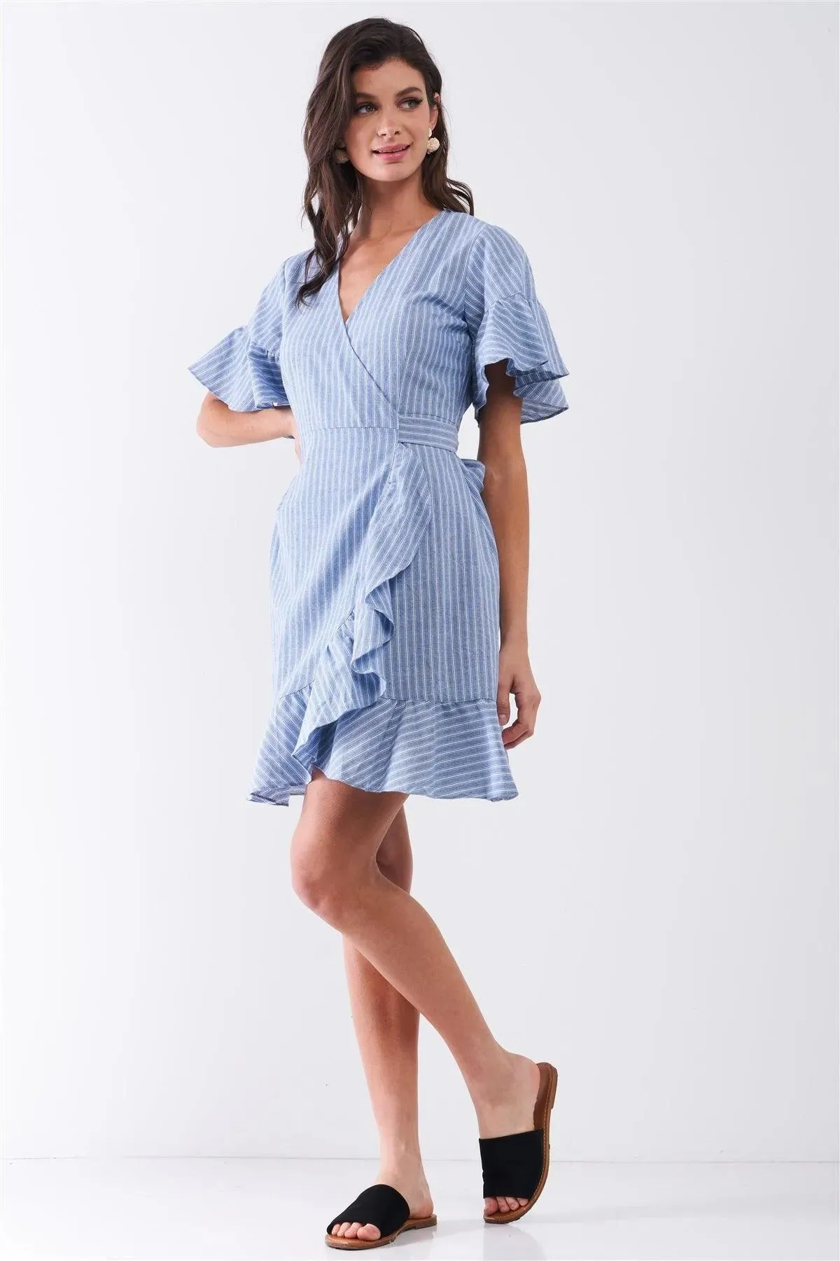 Blue & White Striped Deep Plunge V-Neck Ruffle Hem Self-Tie Waist Wrap Mini Dress /1-2-2
