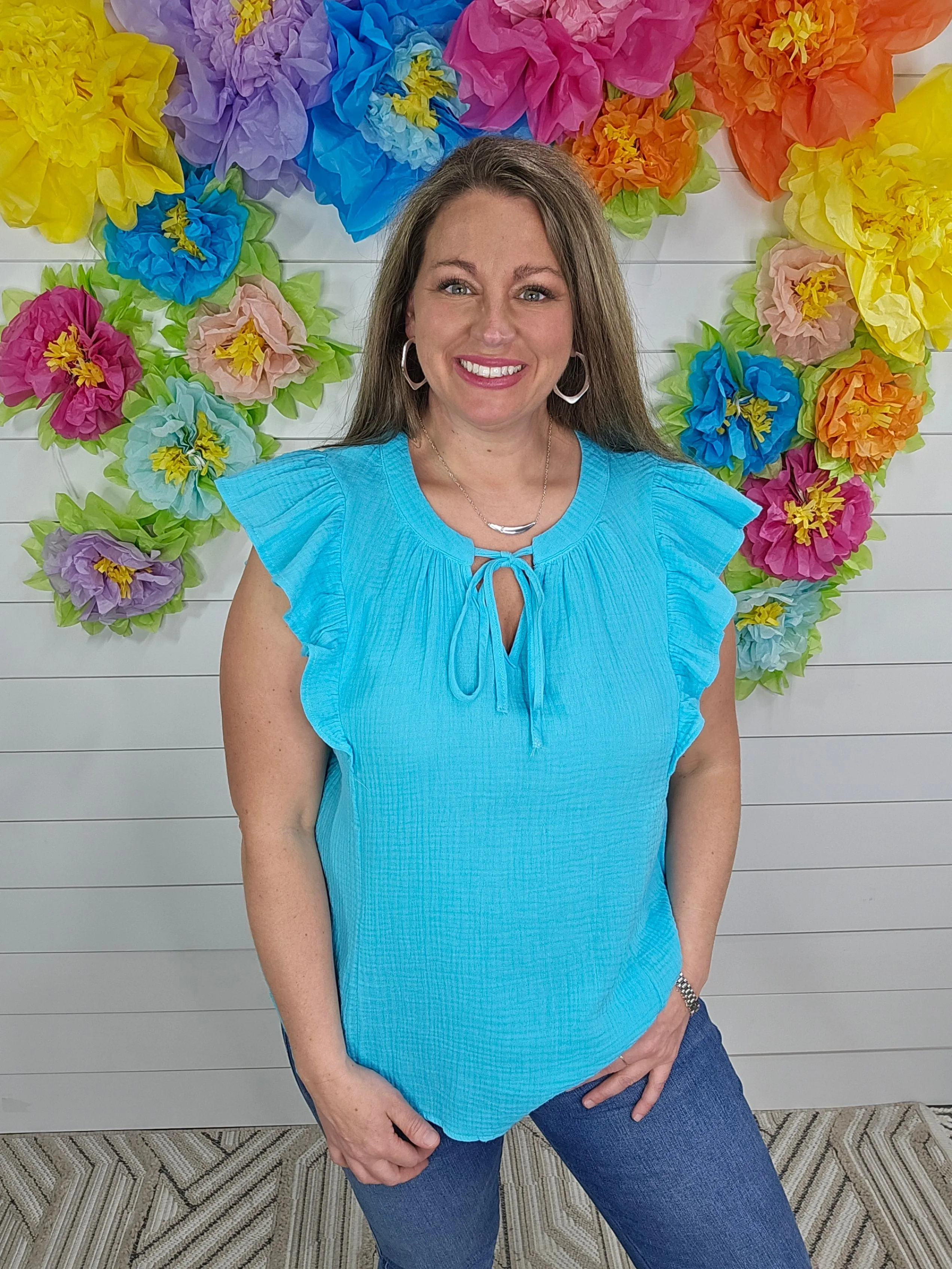 BLUE COTTON GAUZE RUFFLE SLEEVE TOP