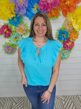 BLUE COTTON GAUZE RUFFLE SLEEVE TOP