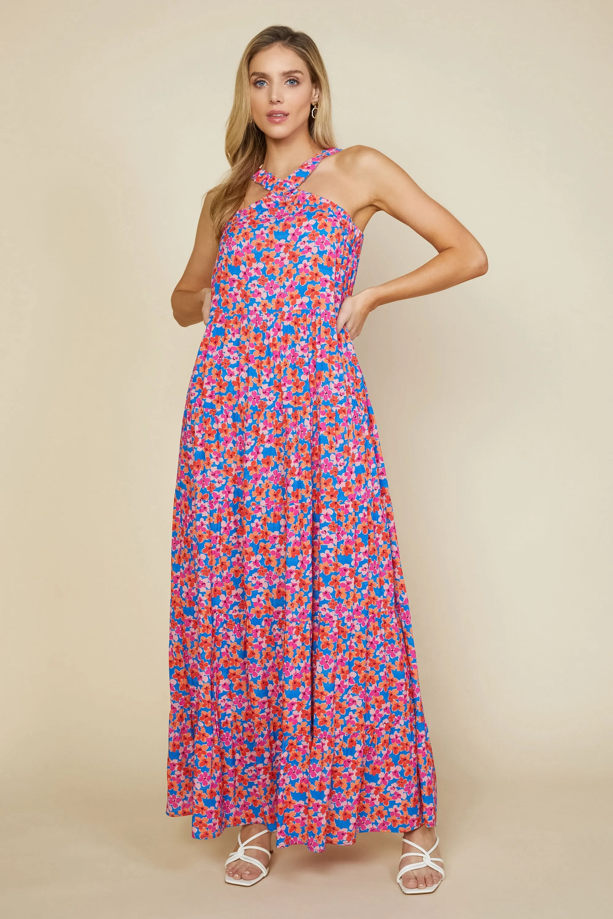 Bohemian Floral Crossed Neck Maxi Dress