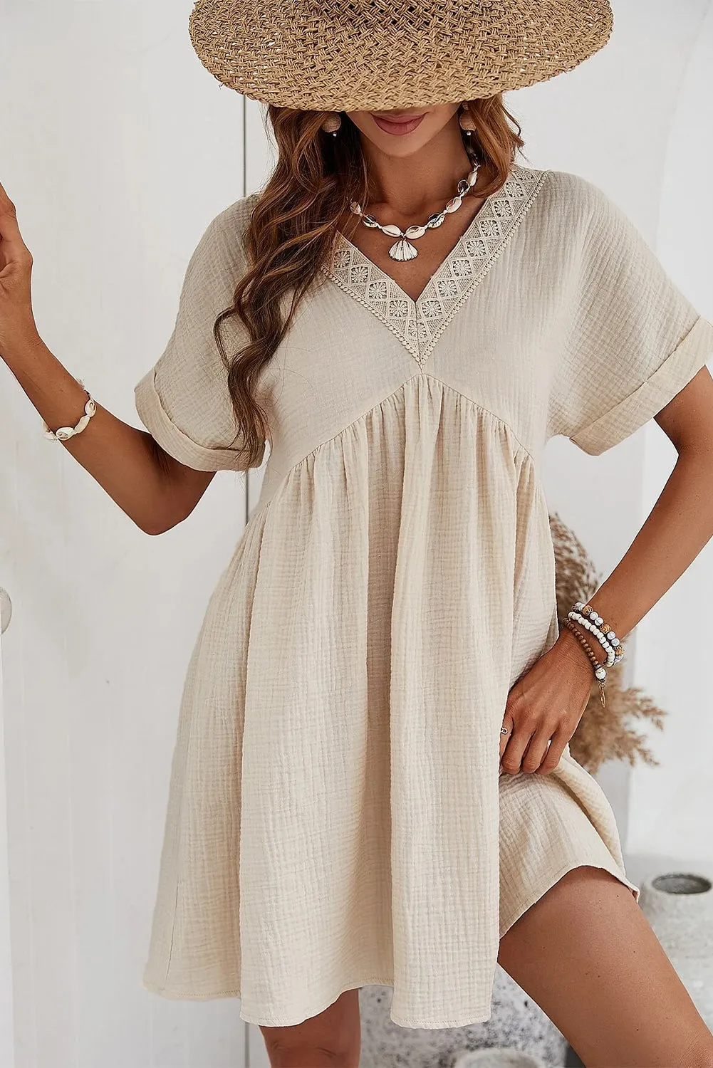 Bohemian Summer Mini Dress with Lace Detail