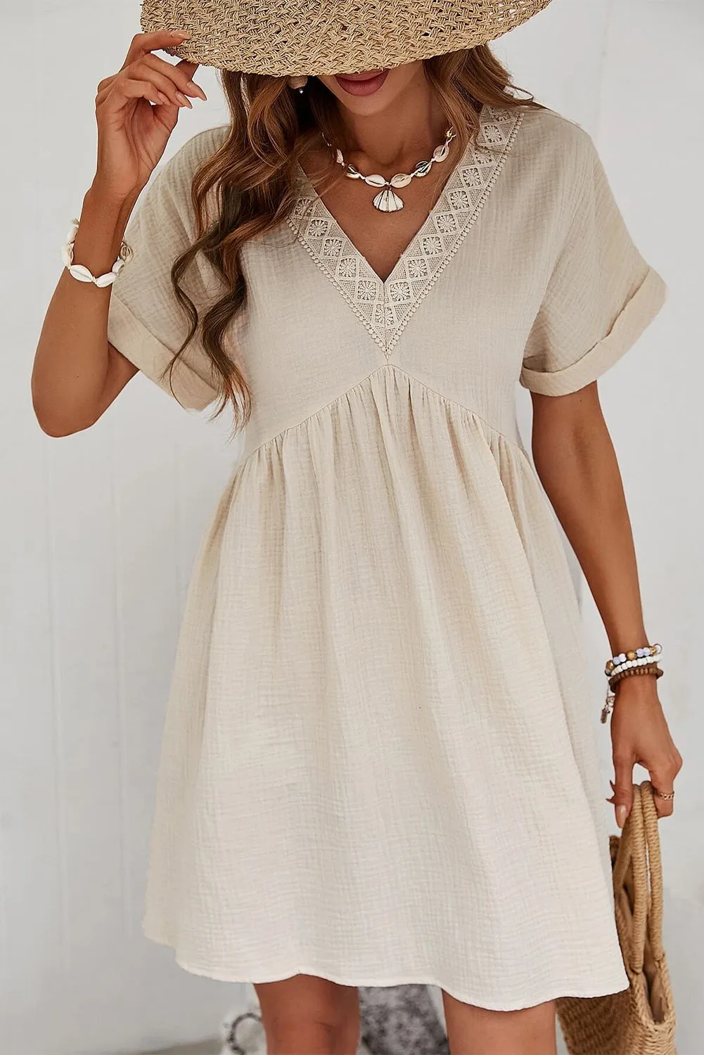Bohemian Summer Mini Dress with Lace Detail