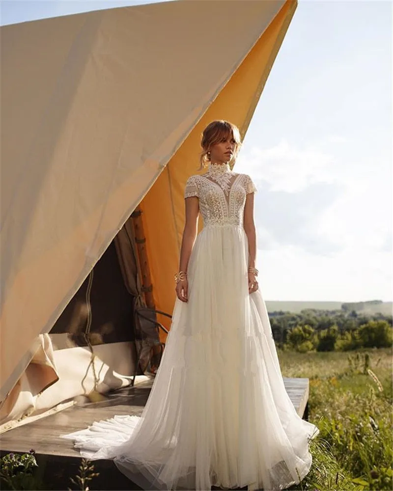 Boho Lace High Neck Wedding Dress
