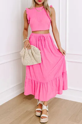 Bonbon Textured Ruffle Trim Crop Vest Lace-up Long Skirt Set