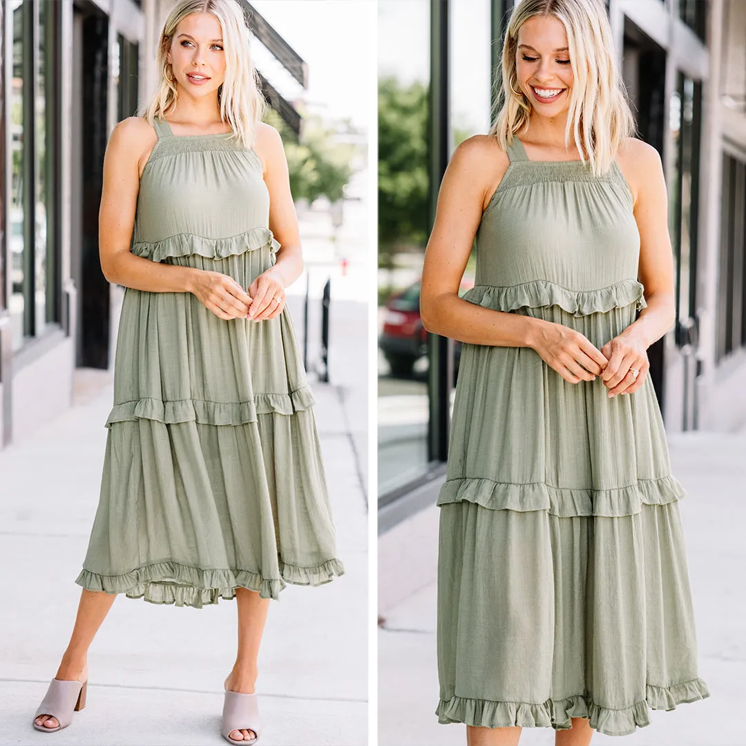 Celebrate Yourself Olive Green Ruffled Midi Dress