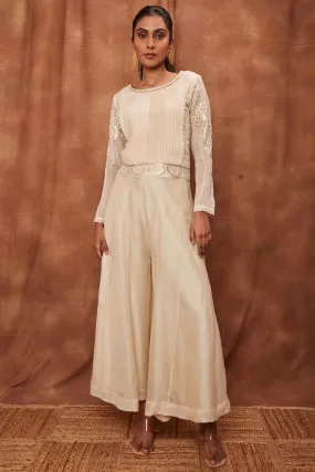 Cream Pintuck Silk Top & Pants