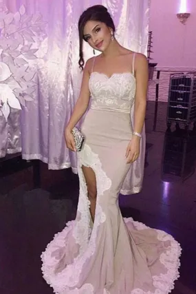 Delicate Spaghetti Straps Appliques Trumpet With Split Prom Dresses