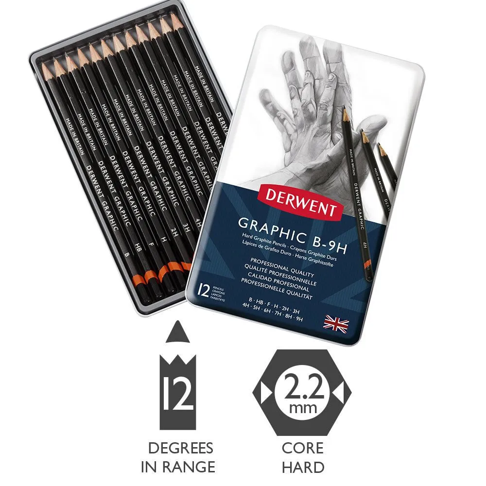 Derwent Graphic Hard Pencil - Set of 12 with Tin
