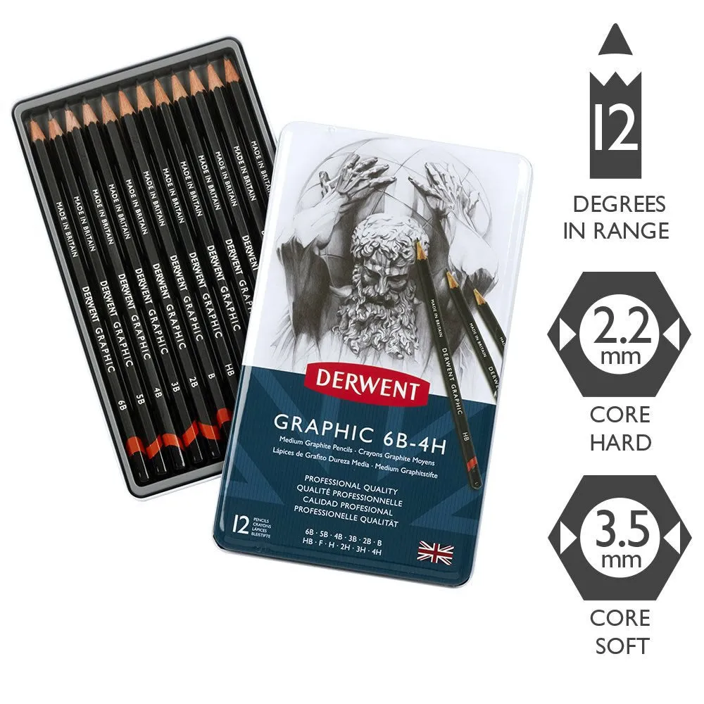 Derwent Graphic Medium Pencil - Set of 12 with Tin