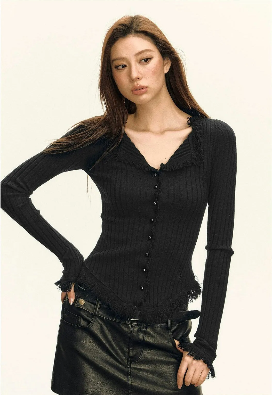 Distressed Hem Ribbed Button-Up Cardigan