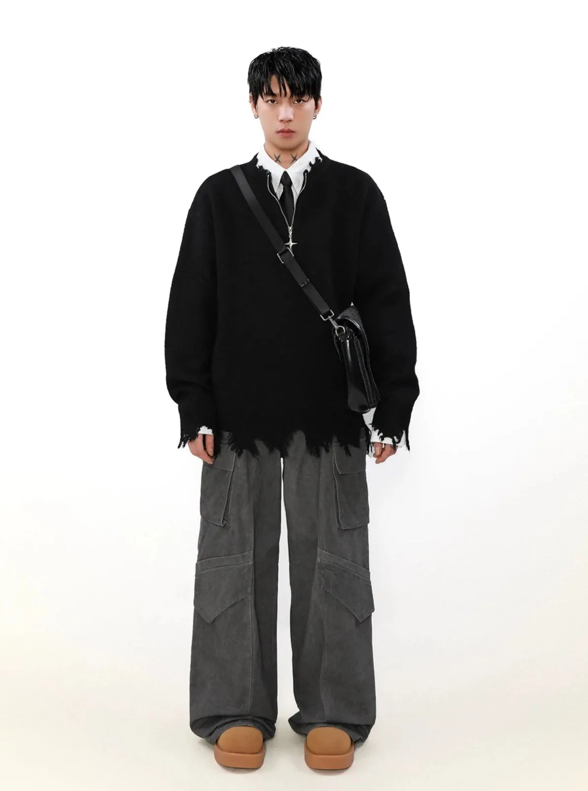 Distressed Ribbed Hem Half Cross Zip Fuzzy Sweater