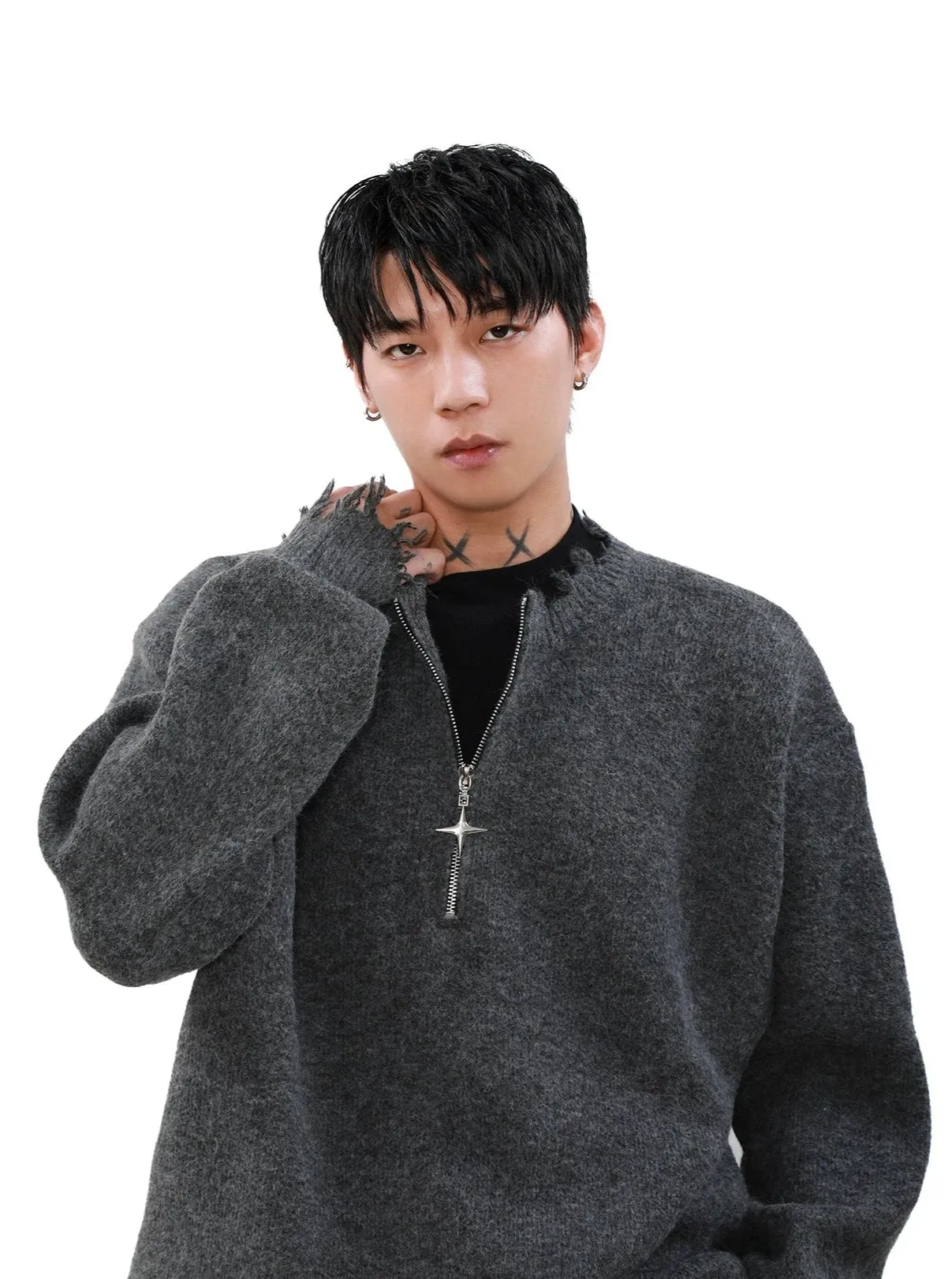 Distressed Ribbed Hem Half Cross Zip Fuzzy Sweater