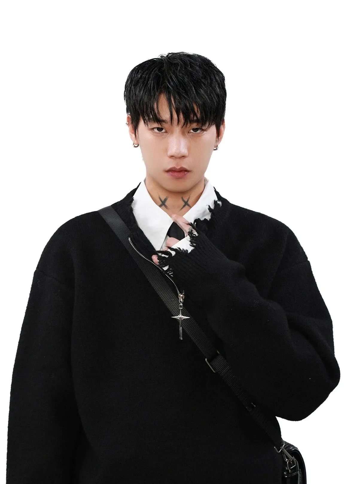 Distressed Ribbed Hem Half Cross Zip Fuzzy Sweater