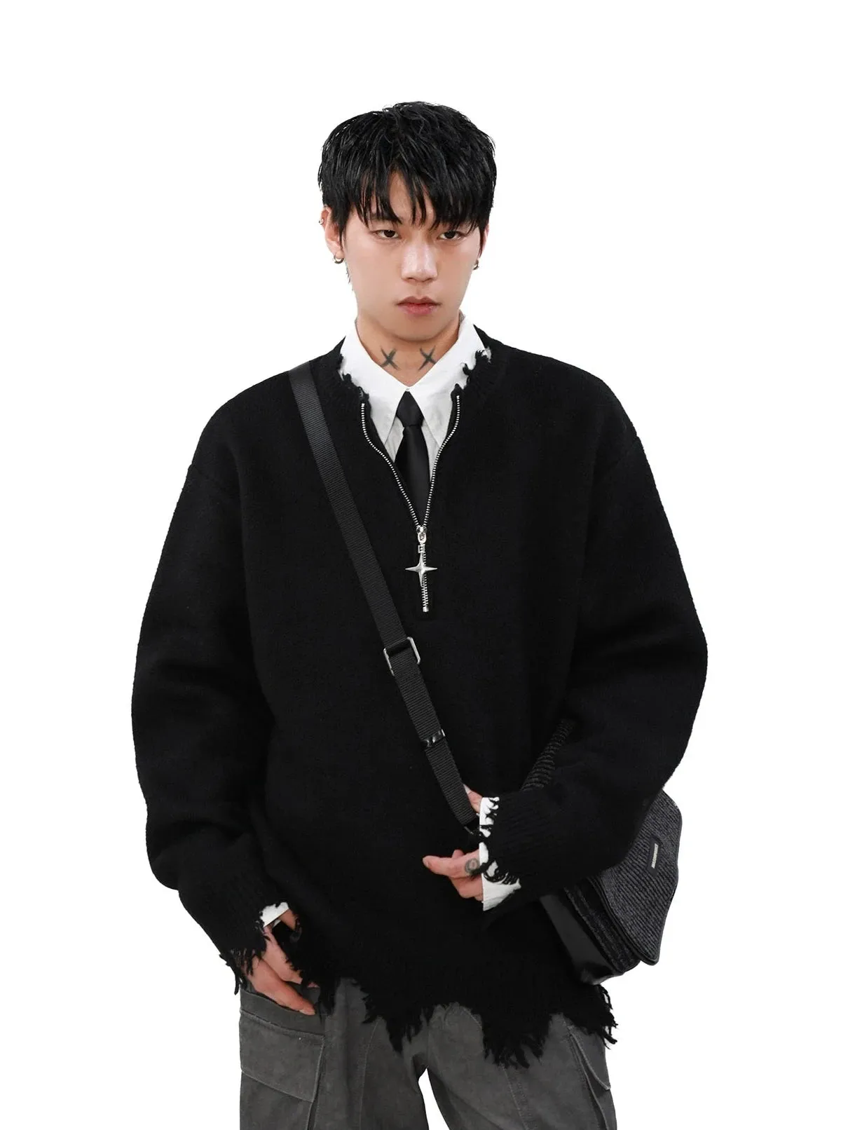 Distressed Ribbed Hem Half Cross Zip Fuzzy Sweater