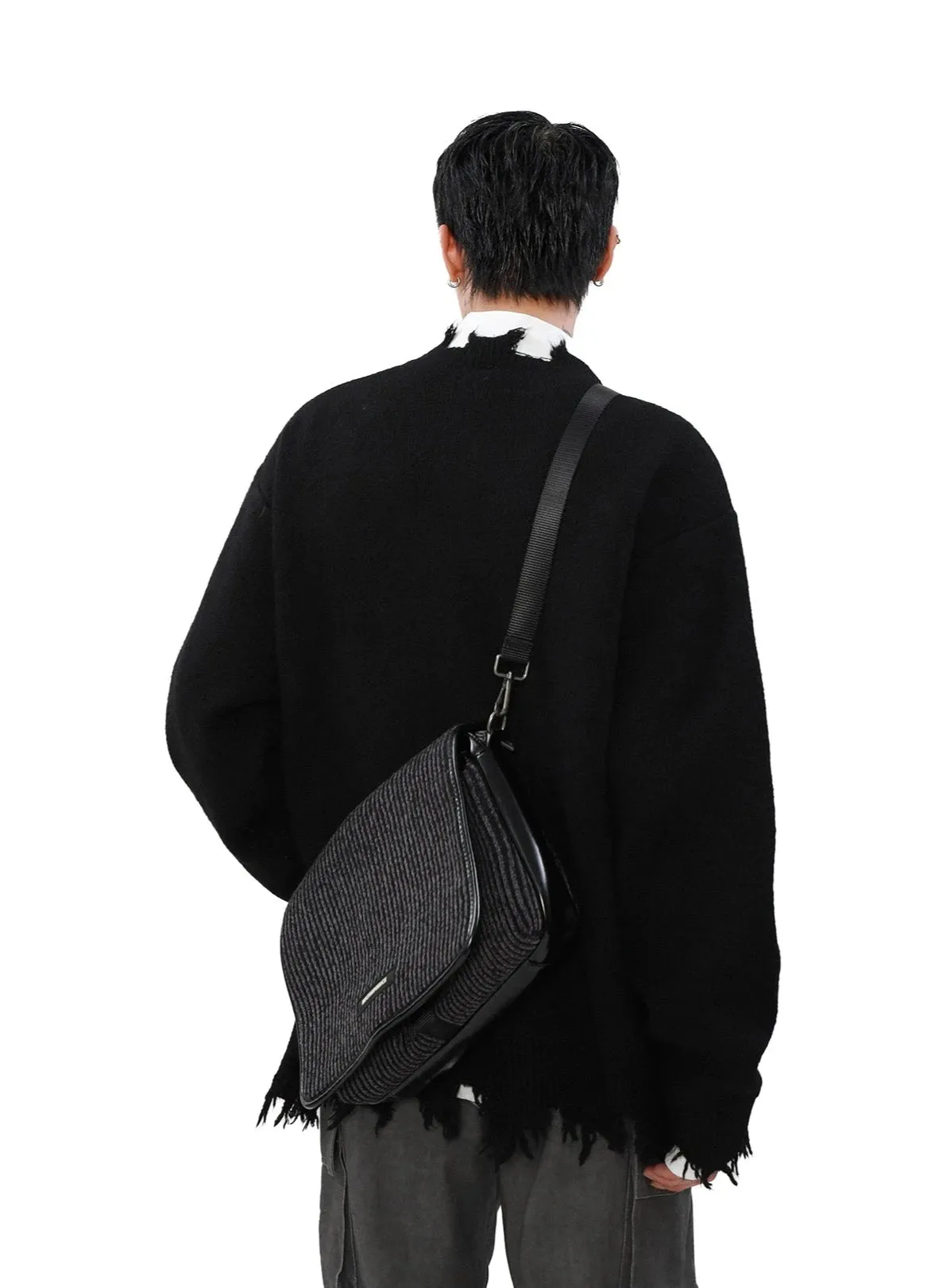 Distressed Ribbed Hem Half Cross Zip Fuzzy Sweater
