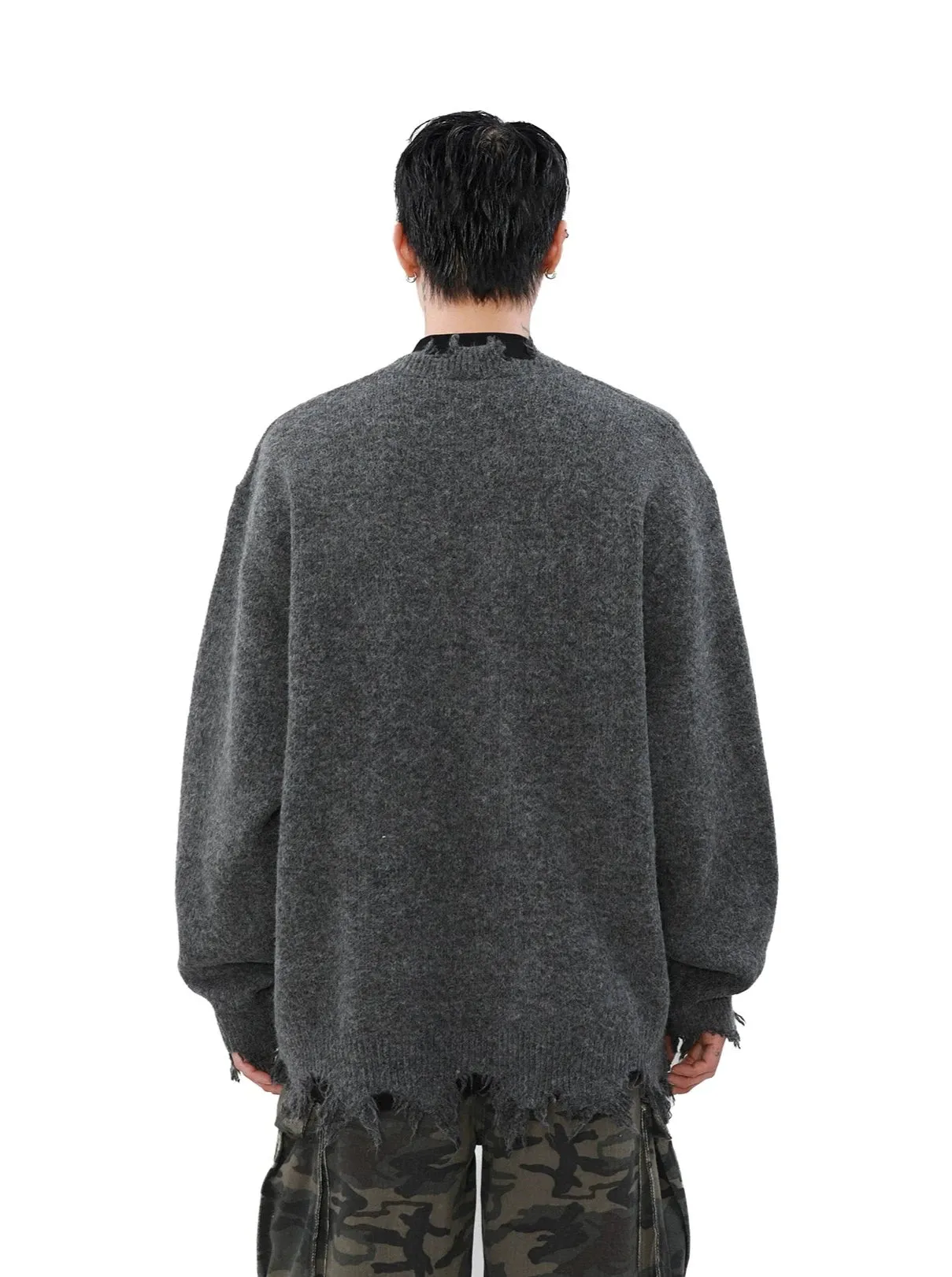 Distressed Ribbed Hem Half Cross Zip Fuzzy Sweater