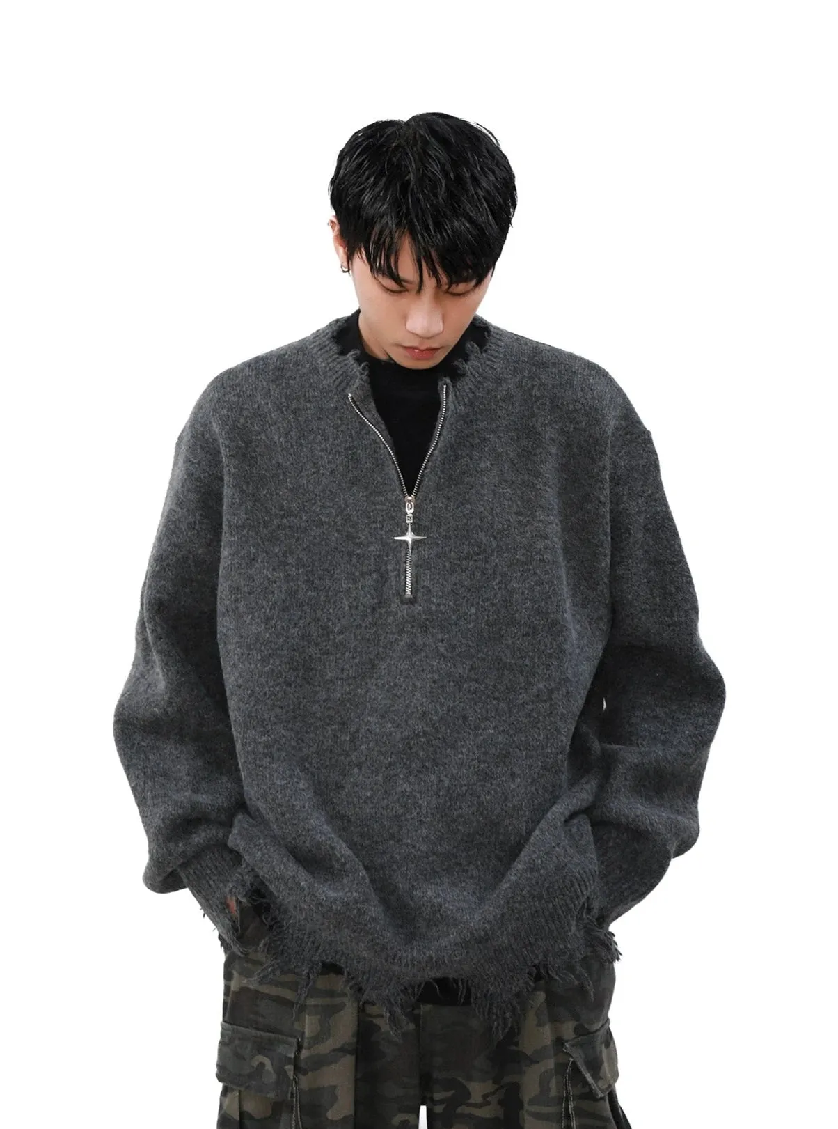 Distressed Ribbed Hem Half Cross Zip Fuzzy Sweater