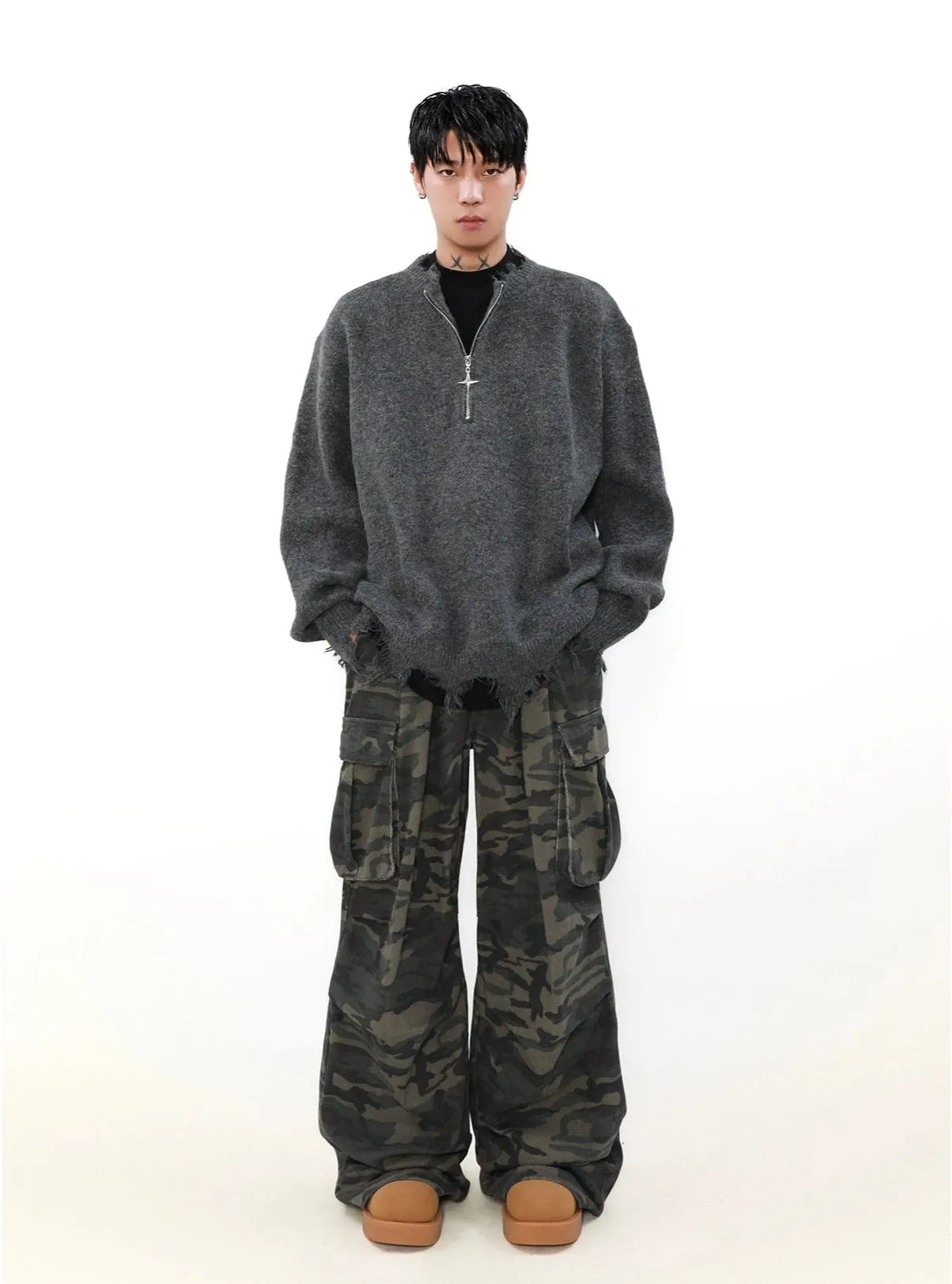 Distressed Ribbed Hem Half Cross Zip Fuzzy Sweater