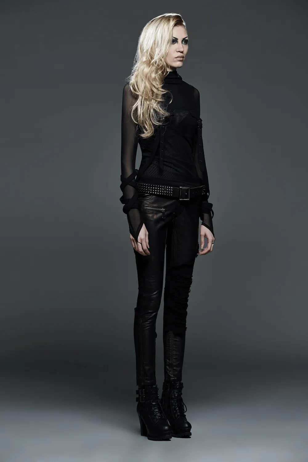 Edgy Black Hooded Top with Mesh Sleeves for Women