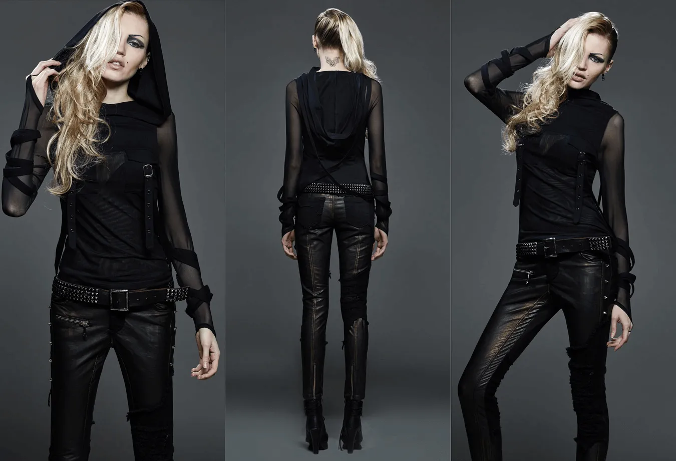 Edgy Black Hooded Top with Mesh Sleeves for Women
