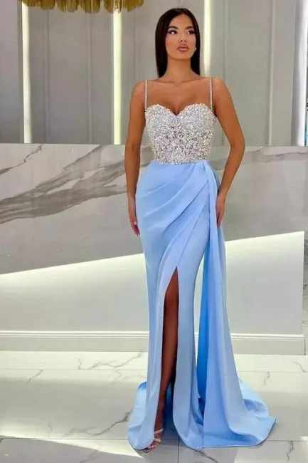 Elegant Long Mermaid Spaghetti Straps Sweetheart Glitter Prom Dress With Slit