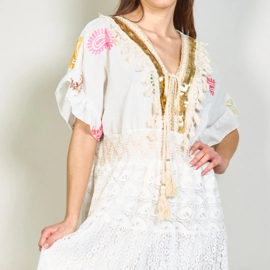 Embroidered boho lace maxi dress with tassels wholesale