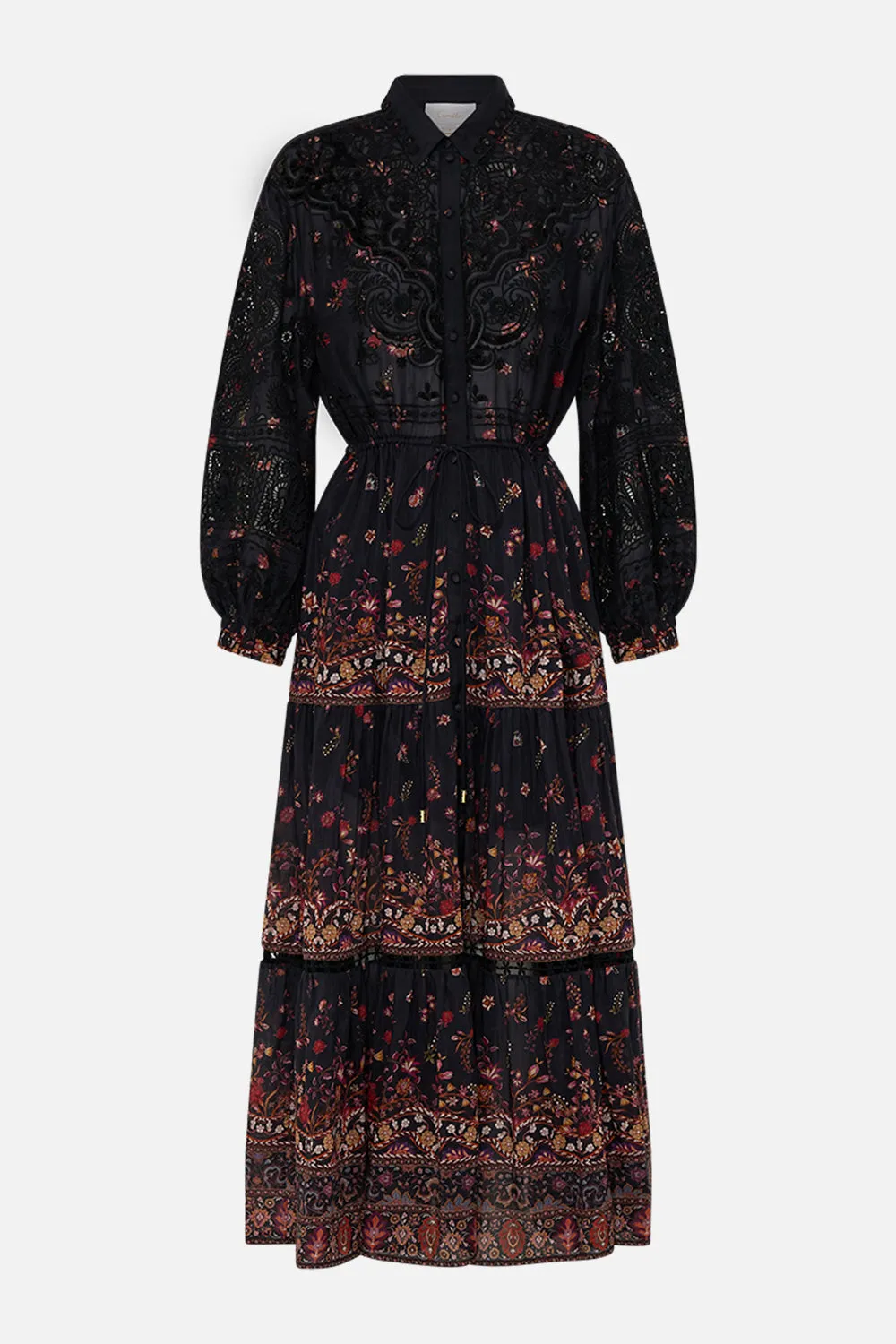 EMBROIDERED TIERED LONG SHIRT DRESS LOOM TO TOMB