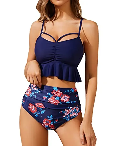 Fashionable Appearance Feminine High Waist Bikini Sets-Navy Blue Floral