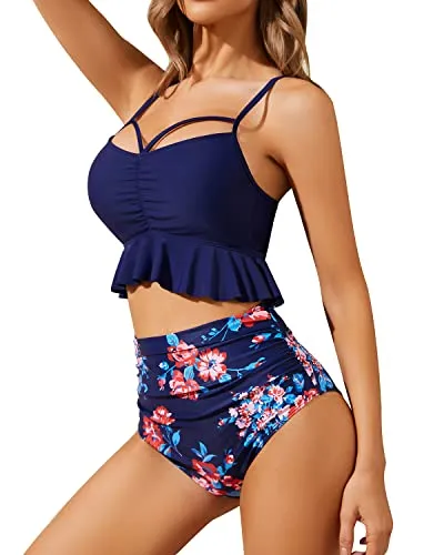 Fashionable Appearance Feminine High Waist Bikini Sets-Navy Blue Floral