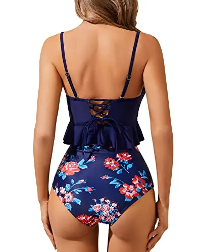 Fashionable Appearance Feminine High Waist Bikini Sets-Navy Blue Floral