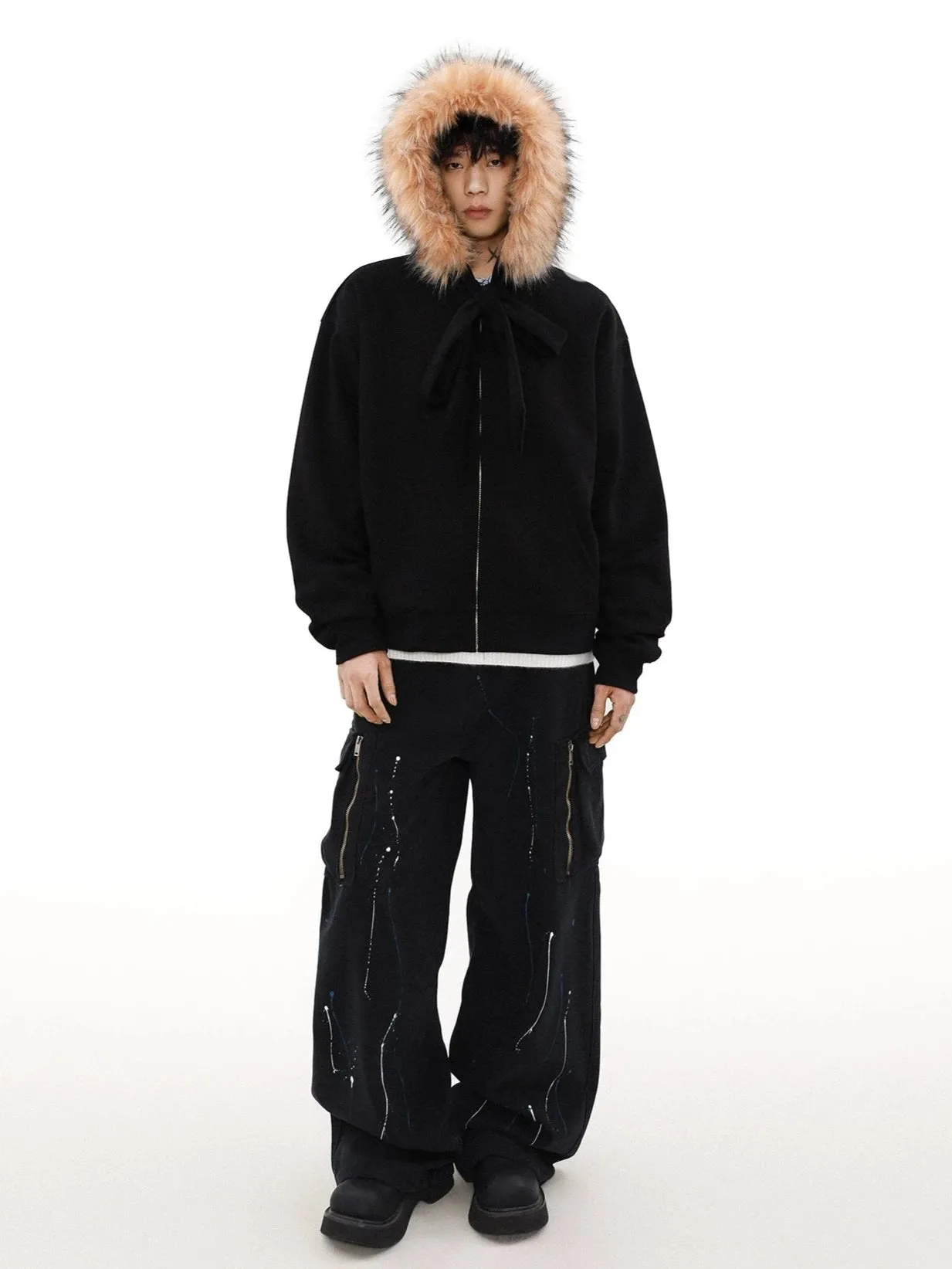 Faux Fur Lined Zip-Up Hoodie with Bow Detail