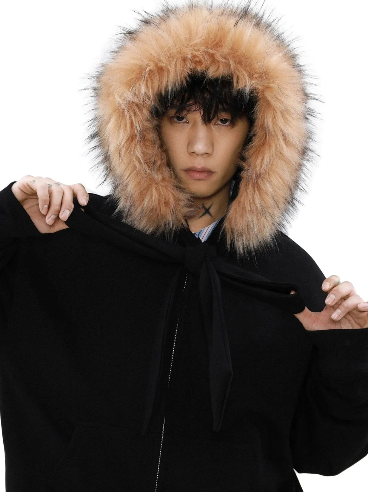 Faux Fur Lined Zip-Up Hoodie with Bow Detail