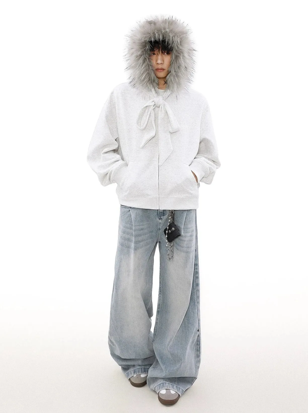 Faux Fur Lined Zip-Up Hoodie with Bow Detail
