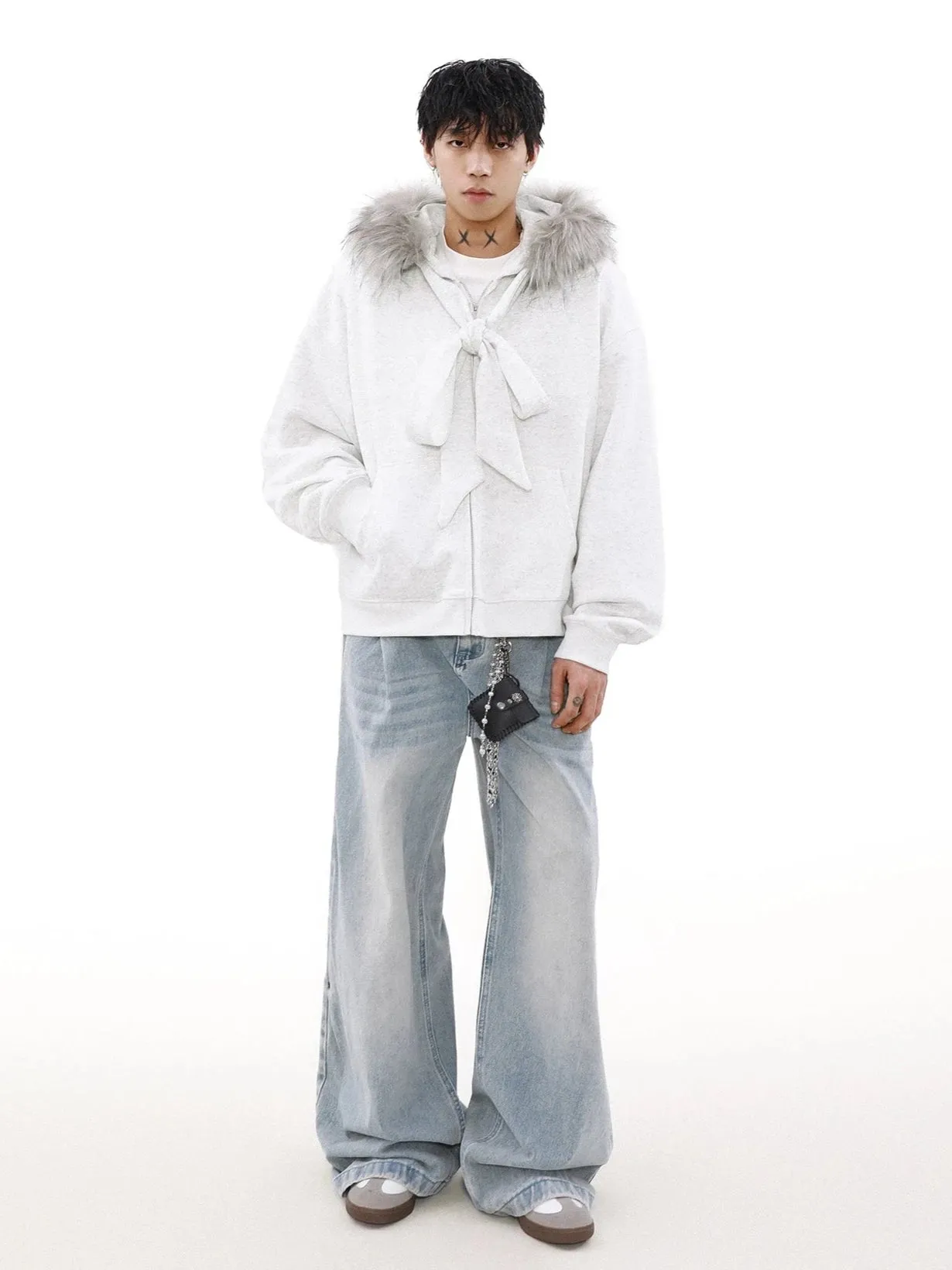 Faux Fur Lined Zip-Up Hoodie with Bow Detail