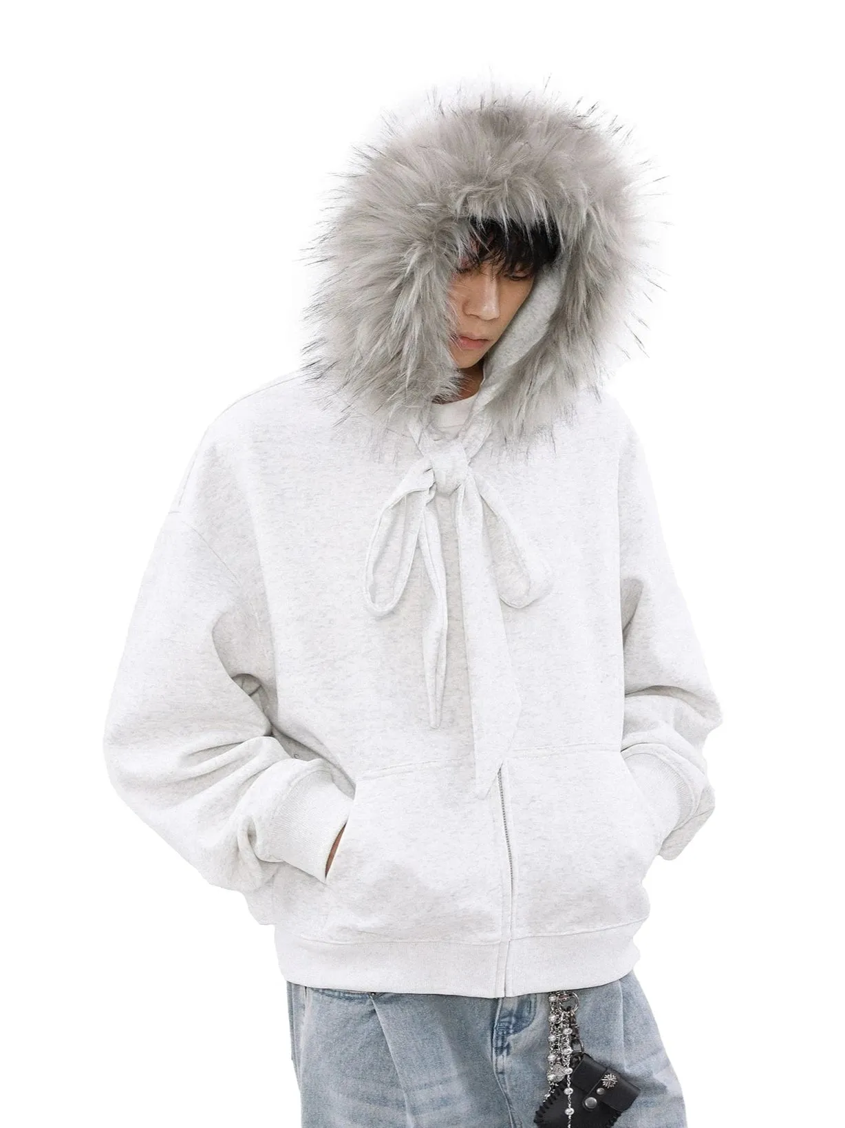 Faux Fur Lined Zip-Up Hoodie with Bow Detail