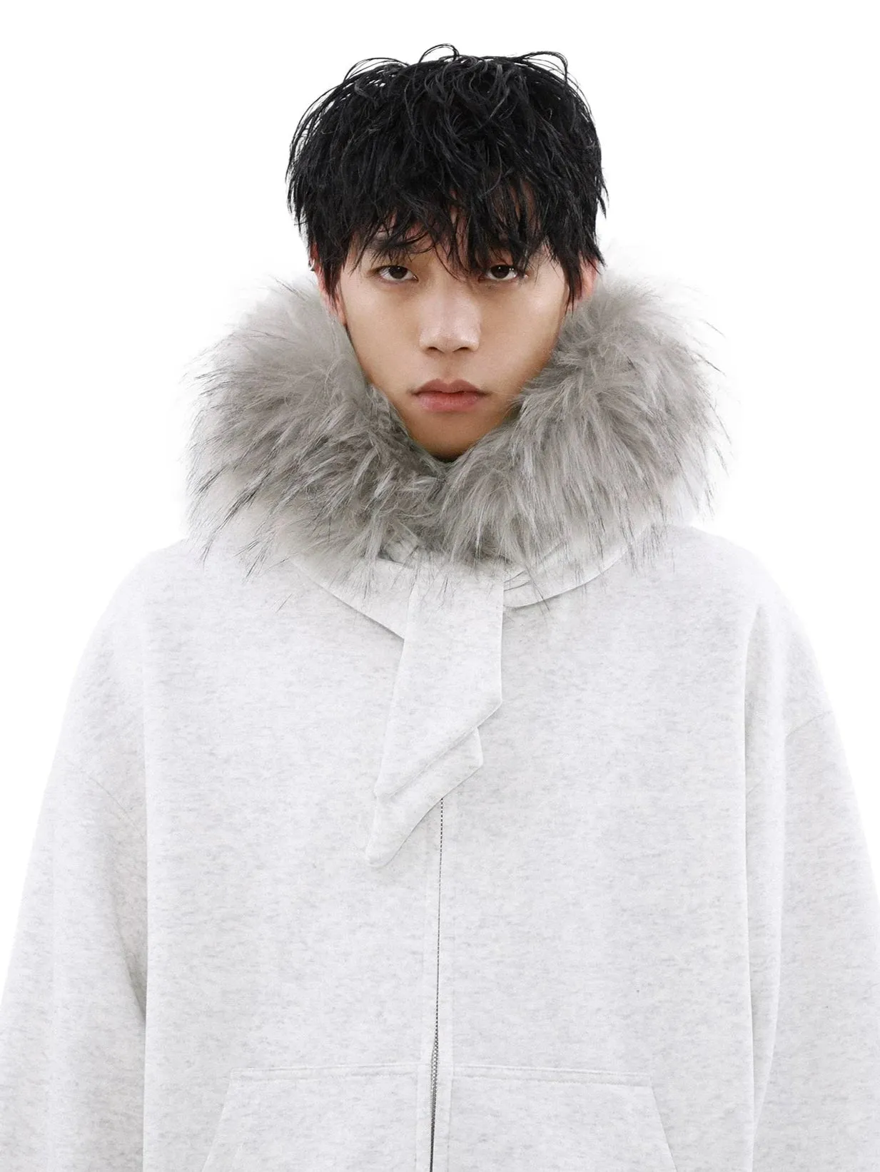 Faux Fur Lined Zip-Up Hoodie with Bow Detail