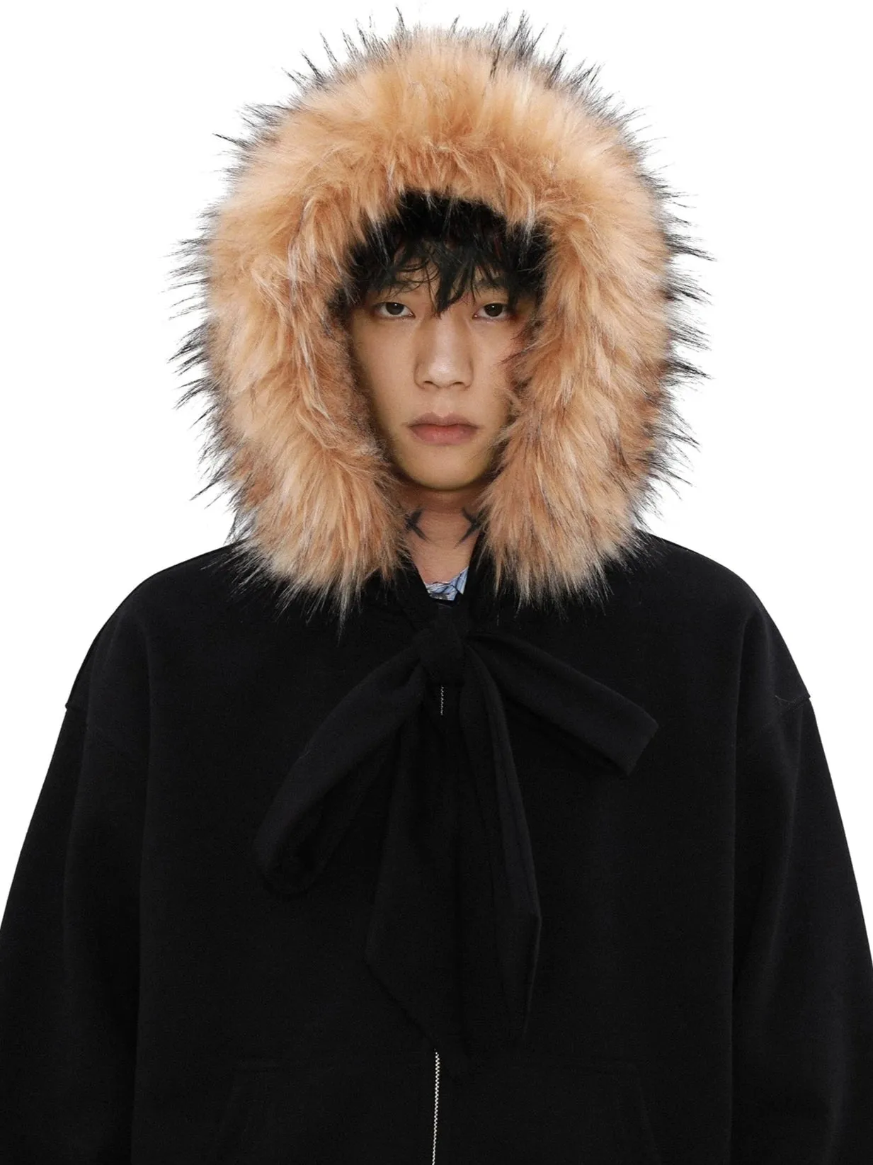 Faux Fur Lined Zip-Up Hoodie with Bow Detail