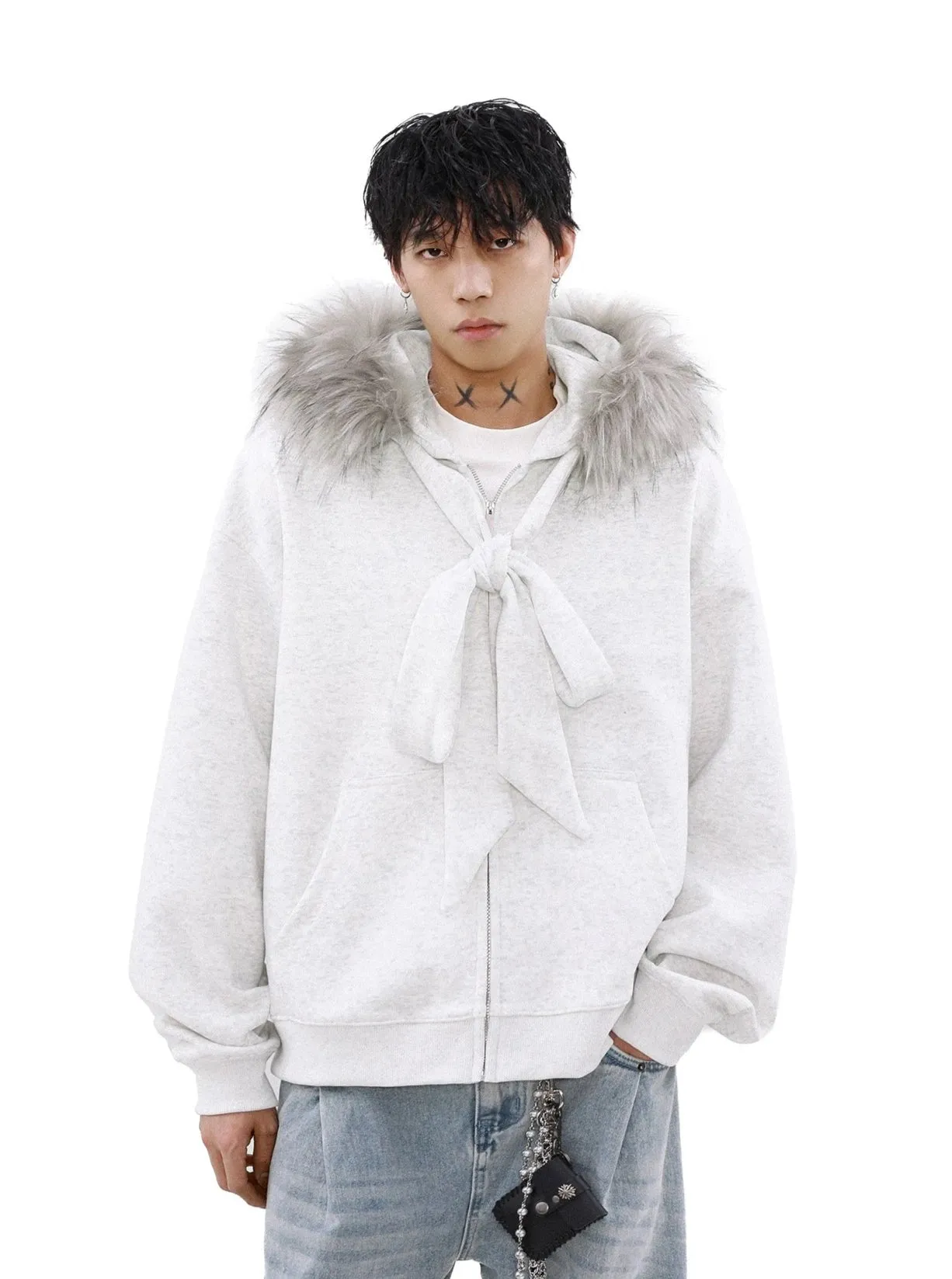 Faux Fur Lined Zip-Up Hoodie with Bow Detail