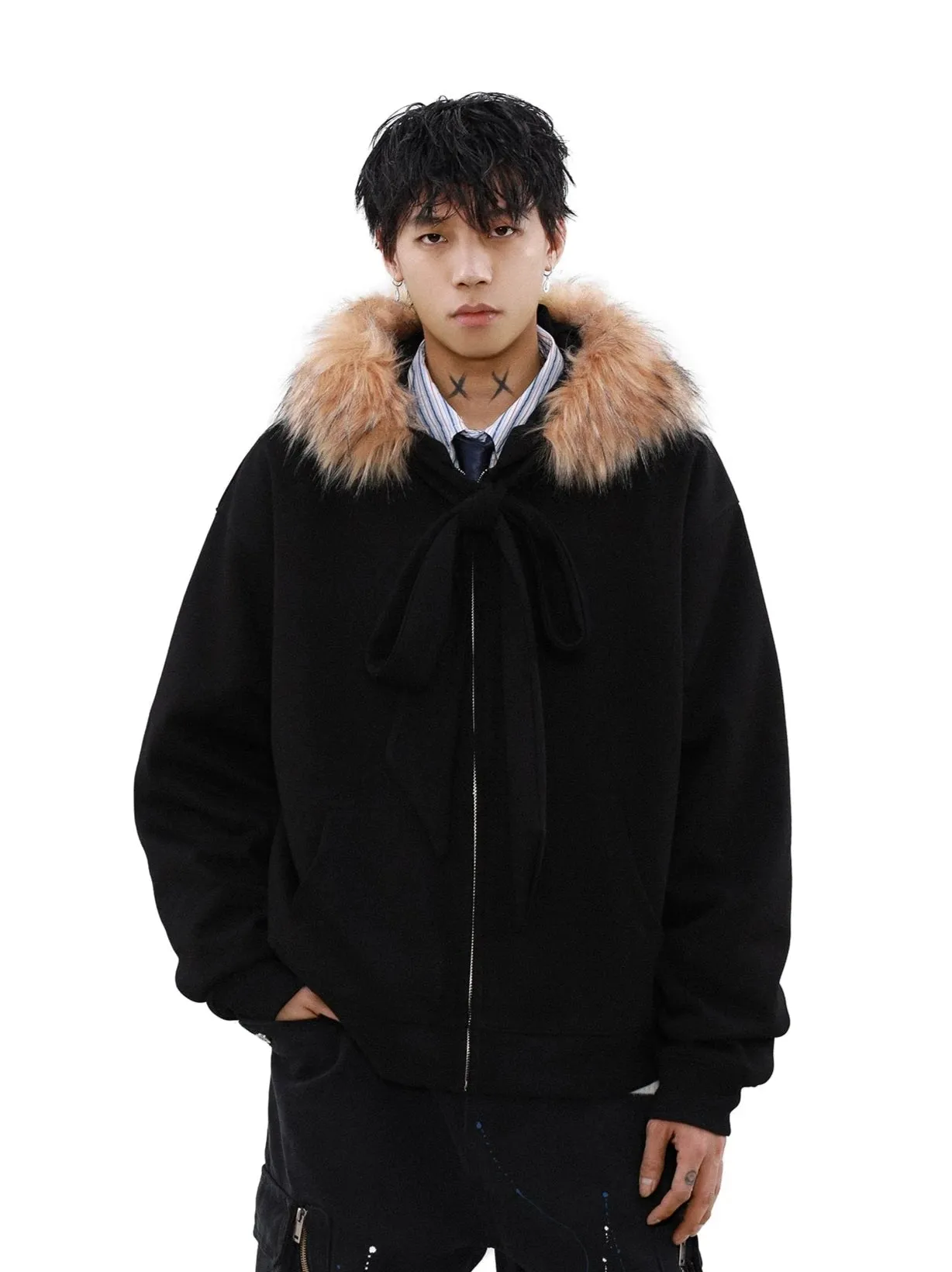 Faux Fur Lined Zip-Up Hoodie with Bow Detail