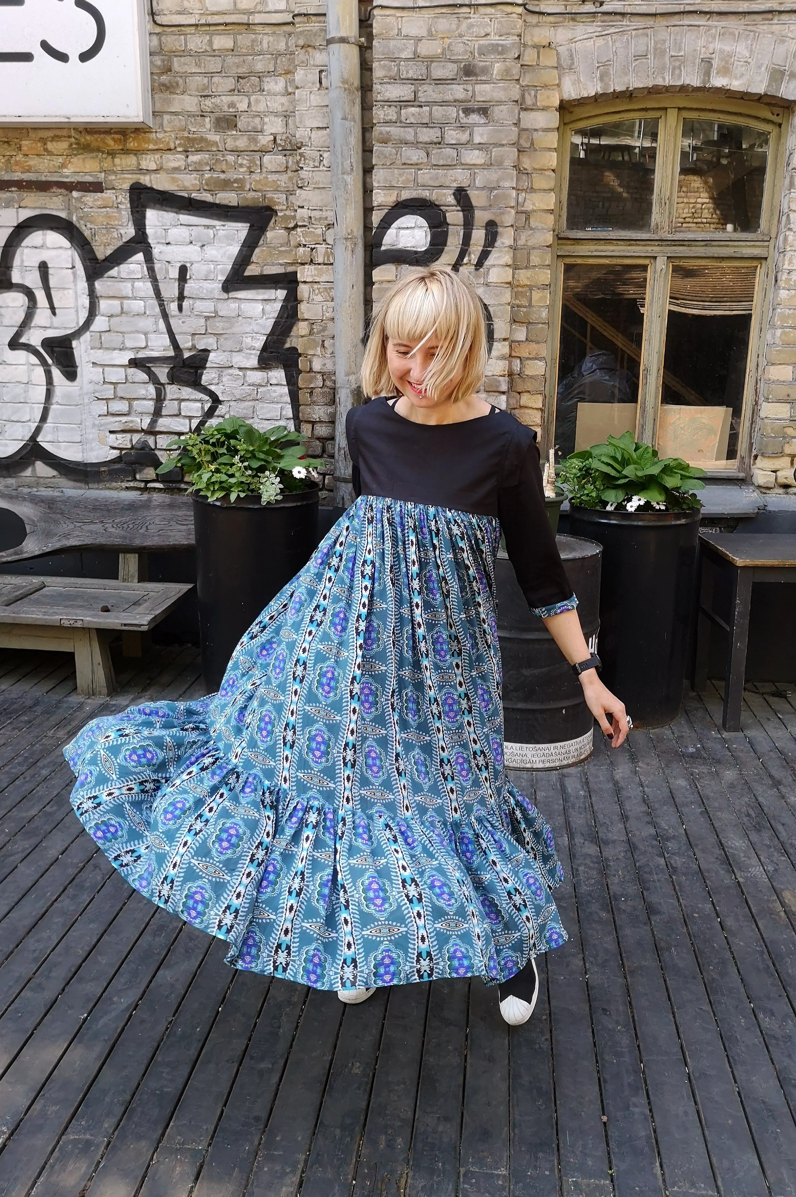 Fun and Comfy Ruffle Dress with Light Sea Green Pattern Fabric and 3/4 Sleeves