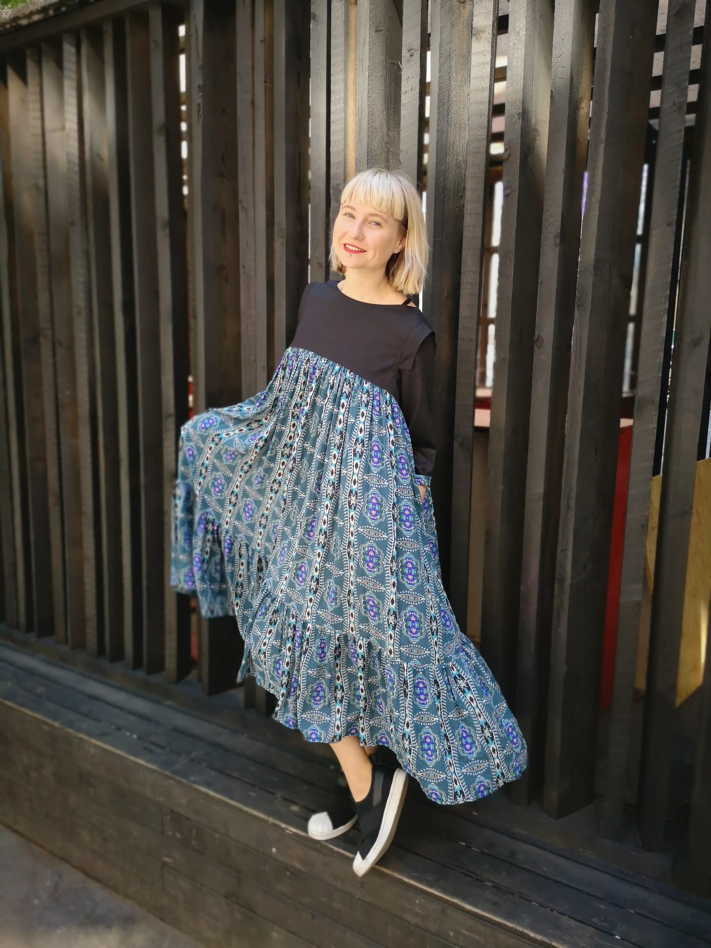 Fun and Comfy Ruffle Dress with Light Sea Green Pattern Fabric and 3/4 Sleeves