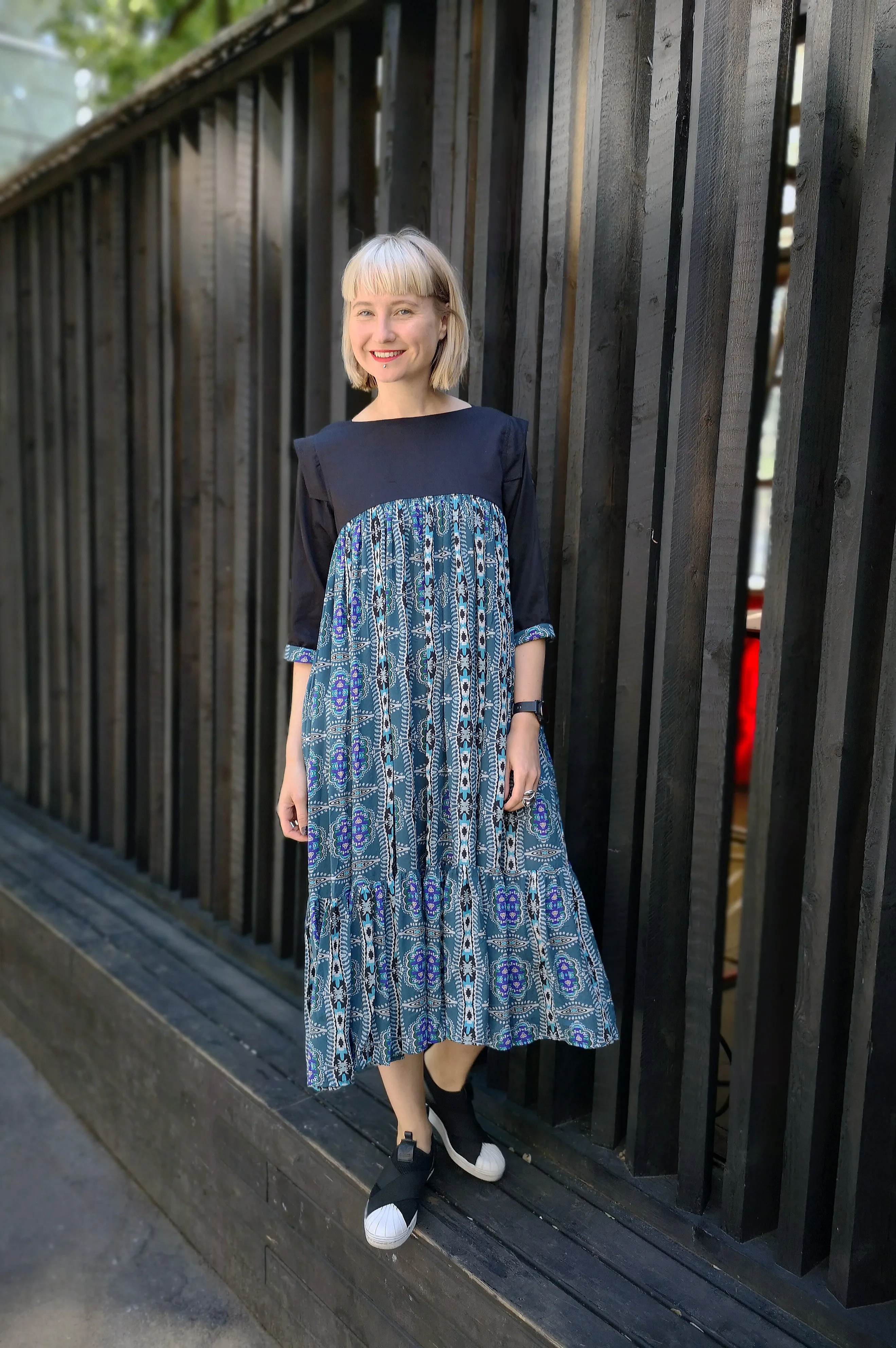 Fun and Comfy Ruffle Dress with Light Sea Green Pattern Fabric and 3/4 Sleeves
